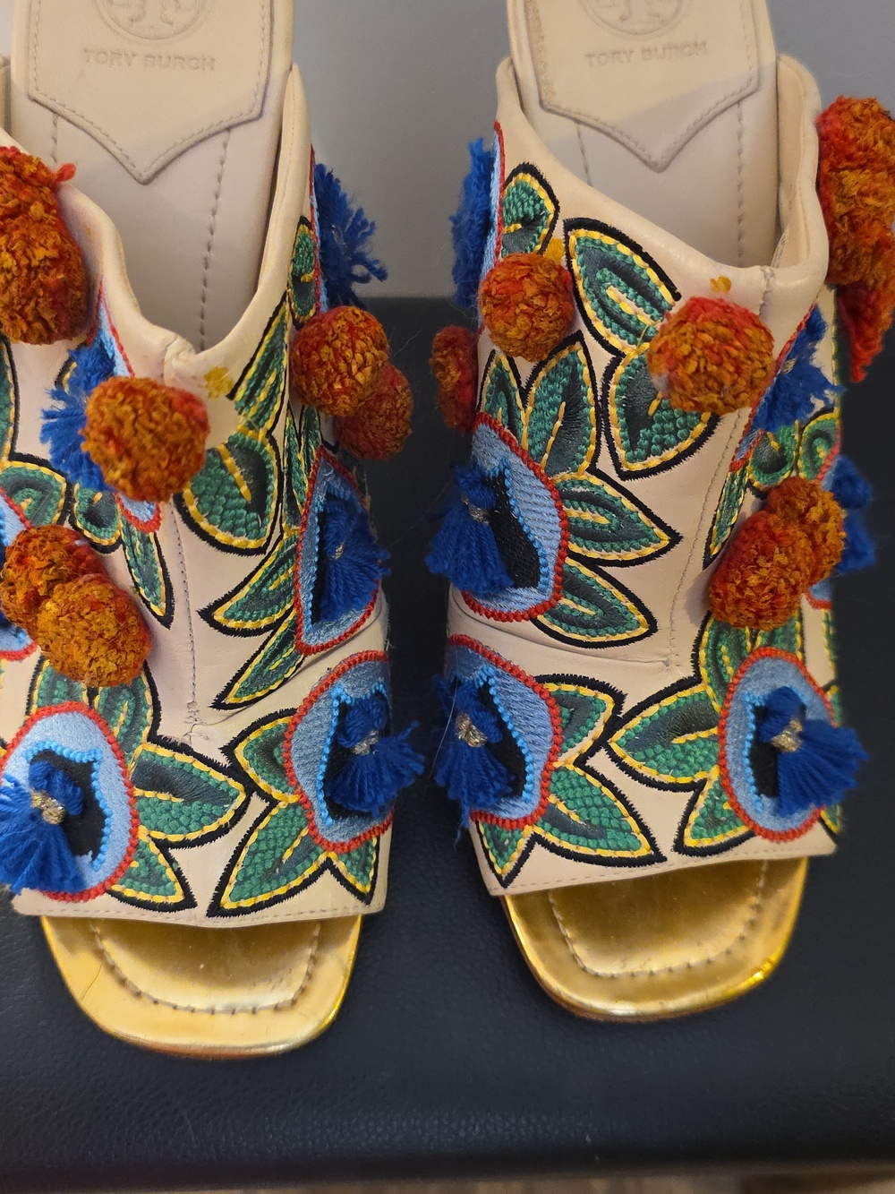 Tory Burch Cream Leather Mule with Multicolor Pom Detail